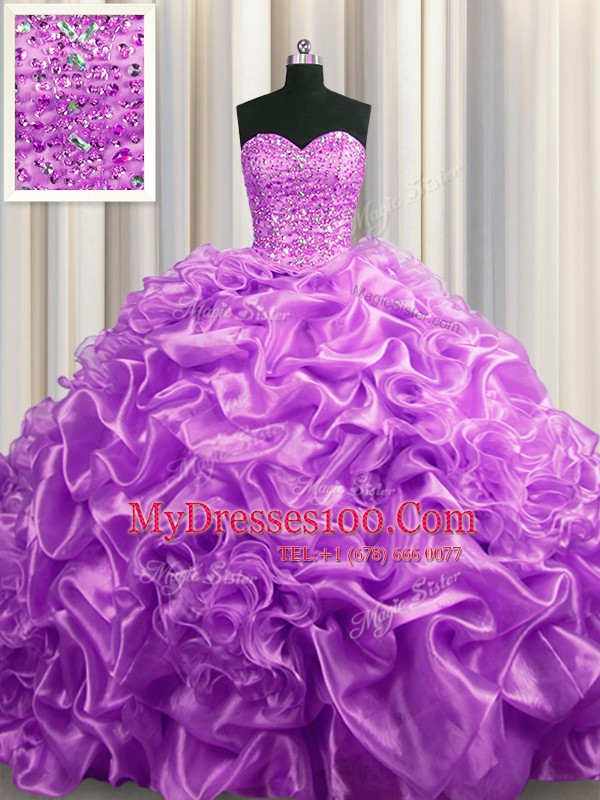 Chic Lilac Organza Lace Up Sweetheart Sleeveless With Train Quinceanera Gowns Court Train Beading and Pick Ups