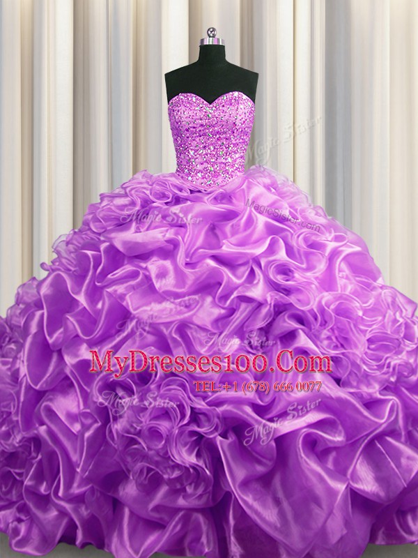 Chic Lilac Organza Lace Up Sweetheart Sleeveless With Train Quinceanera Gowns Court Train Beading and Pick Ups