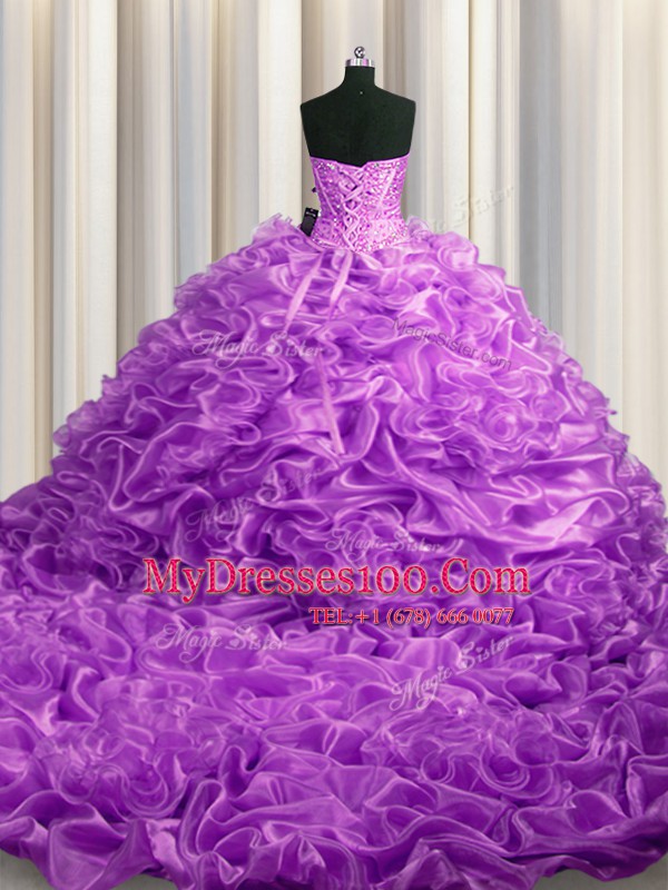 Chic Lilac Organza Lace Up Sweetheart Sleeveless With Train Quinceanera Gowns Court Train Beading and Pick Ups