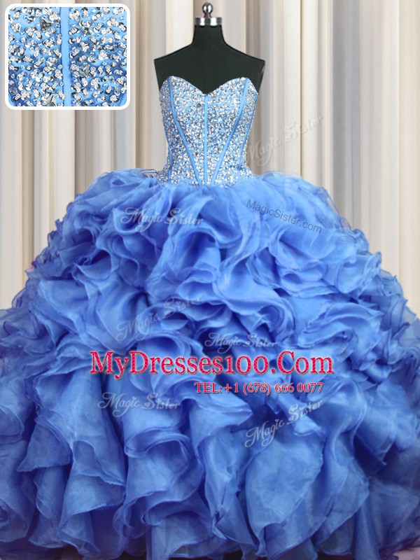 Adorable Visible Boning Bling-bling Baby Blue Sweetheart Lace Up Beading and Ruffles Quinceanera Dress Brush Train Sleeveless