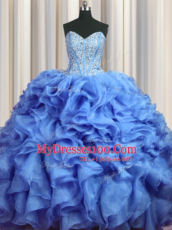Adorable Visible Boning Bling-bling Baby Blue Sweetheart Lace Up Beading and Ruffles Quinceanera Dress Brush Train Sleeveless