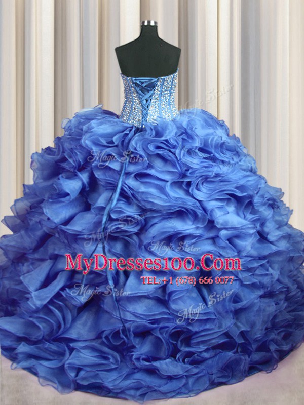 Adorable Visible Boning Bling-bling Baby Blue Sweetheart Lace Up Beading and Ruffles Quinceanera Dress Brush Train Sleeveless
