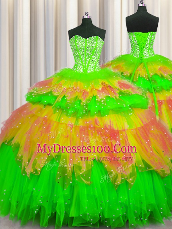 Captivating Bling-bling Visible Boning Multi-color Ball Gowns Tulle Sweetheart Sleeveless Beading and Ruffles and Ruffled Layers and Sequins Floor Length Lace Up 15 Quinceanera Dress