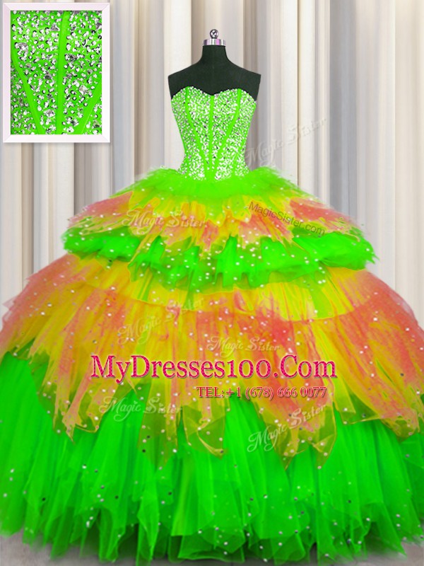 Captivating Bling-bling Visible Boning Multi-color Ball Gowns Tulle Sweetheart Sleeveless Beading and Ruffles and Ruffled Layers and Sequins Floor Length Lace Up 15 Quinceanera Dress