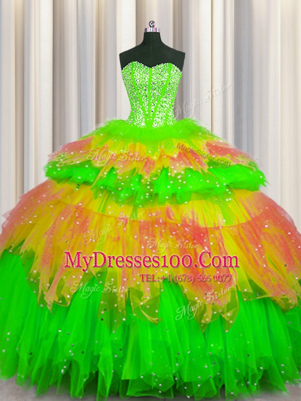 Captivating Bling-bling Visible Boning Multi-color Ball Gowns Tulle Sweetheart Sleeveless Beading and Ruffles and Ruffled Layers and Sequins Floor Length Lace Up 15 Quinceanera Dress