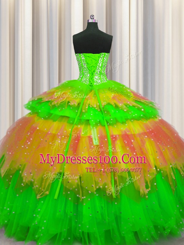 Captivating Bling-bling Visible Boning Multi-color Ball Gowns Tulle Sweetheart Sleeveless Beading and Ruffles and Ruffled Layers and Sequins Floor Length Lace Up 15 Quinceanera Dress