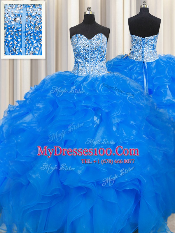 Visible Boning Beaded Bodice Blue Lace Up Vestidos de Quinceanera Beading and Ruffles Sleeveless Floor Length