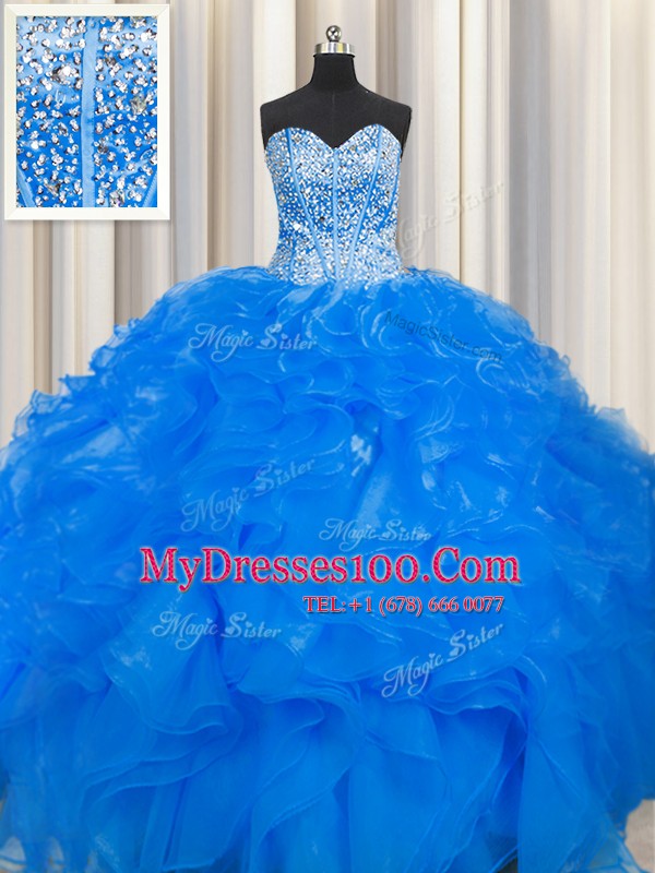 Visible Boning Beaded Bodice Blue Lace Up Vestidos de Quinceanera Beading and Ruffles Sleeveless Floor Length