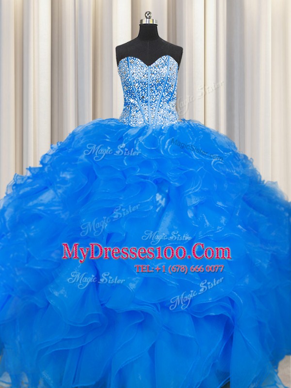 Visible Boning Beaded Bodice Blue Lace Up Vestidos de Quinceanera Beading and Ruffles Sleeveless Floor Length