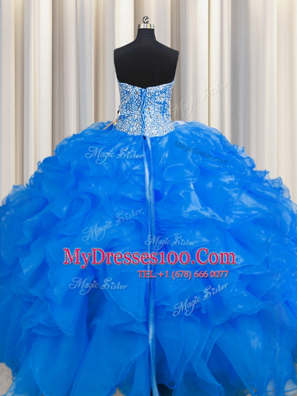 Visible Boning Beaded Bodice Blue Lace Up Vestidos de Quinceanera Beading and Ruffles Sleeveless Floor Length
