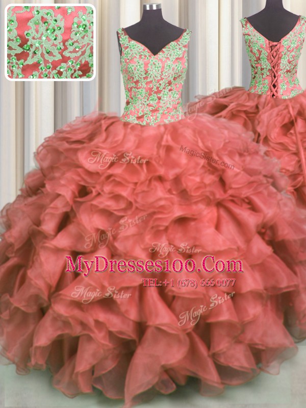 V Neck Beading and Ruffles Quince Ball Gowns Coral Red Lace Up Sleeveless High Low