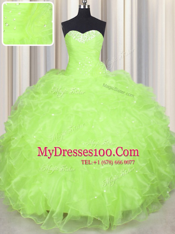 Organza Sweetheart Sleeveless Lace Up Beading and Ruffles Quince Ball Gowns in Yellow Green