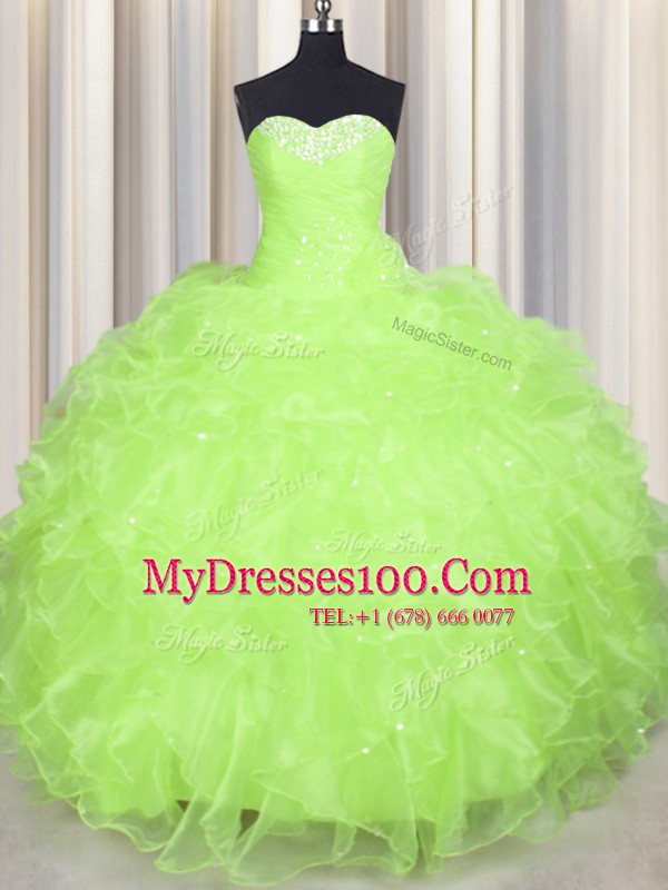 Organza Sweetheart Sleeveless Lace Up Beading and Ruffles Quince Ball Gowns in Yellow Green