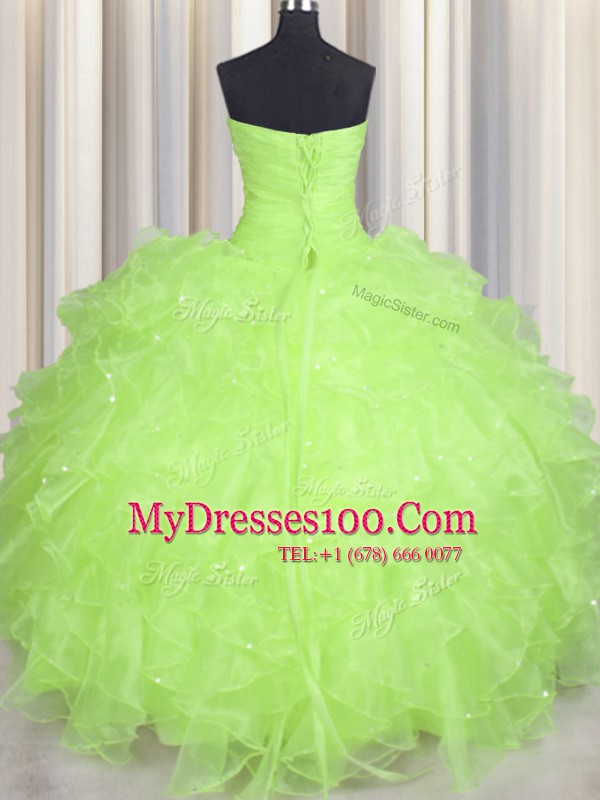 Organza Sweetheart Sleeveless Lace Up Beading and Ruffles Quince Ball Gowns in Yellow Green