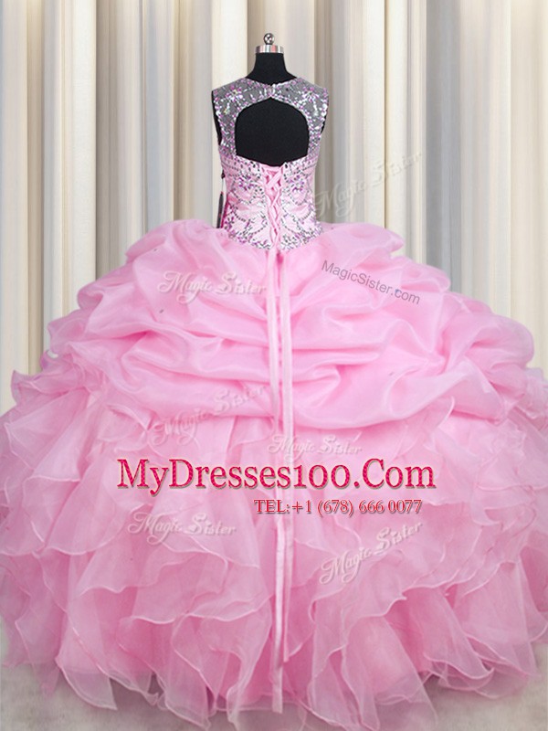 Suitable See Through Floor Length Lace Up 15th Birthday Dress Rose Pink for Military Ball and Sweet 16 and Quinceanera with Beading and Ruffles and Pick Ups