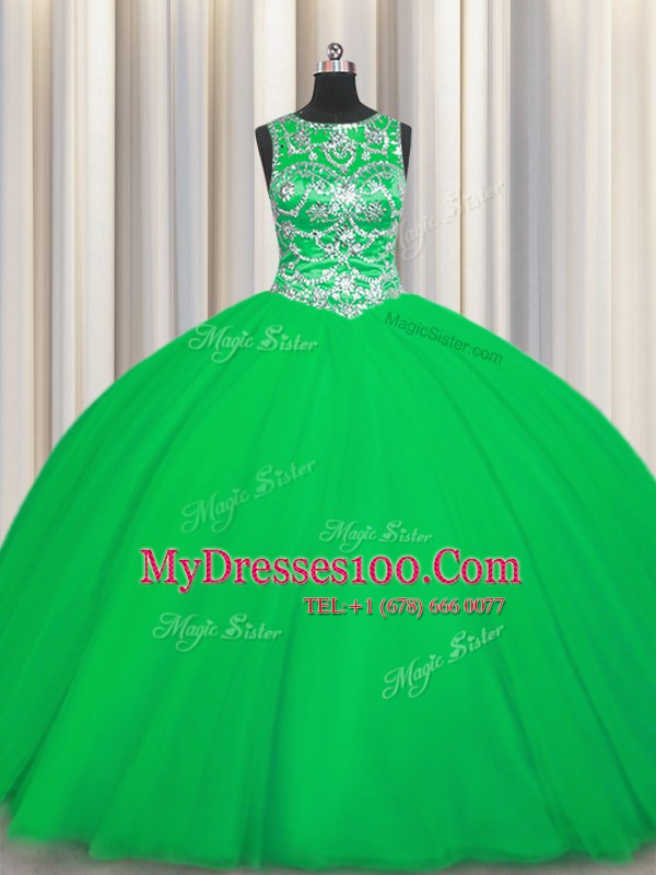 Glittering Scoop Sleeveless Tulle Floor Length Lace Up Sweet 16 Quinceanera Dress in Green with Beading