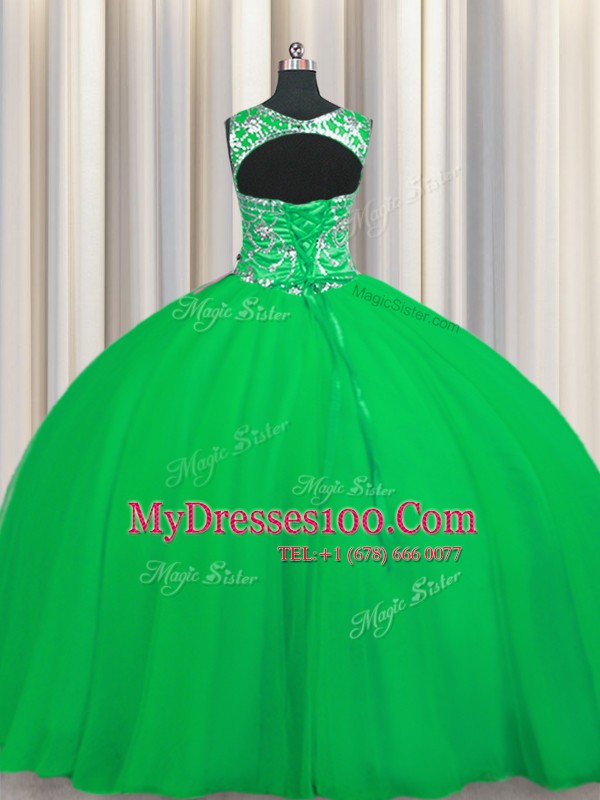 Glittering Scoop Sleeveless Tulle Floor Length Lace Up Sweet 16 Quinceanera Dress in Green with Beading
