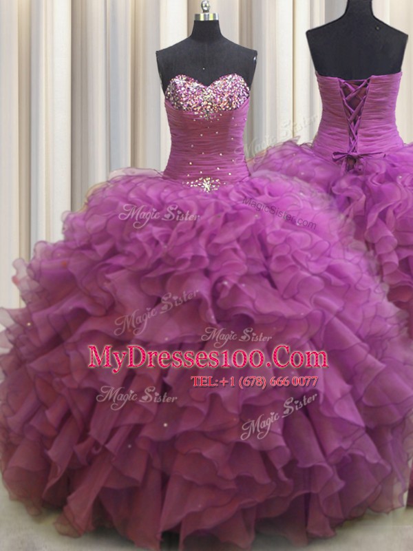 Sexy Beaded Bust Fuchsia Sleeveless Organza Lace Up Quinceanera Dress for Military Ball and Sweet 16 and Quinceanera
