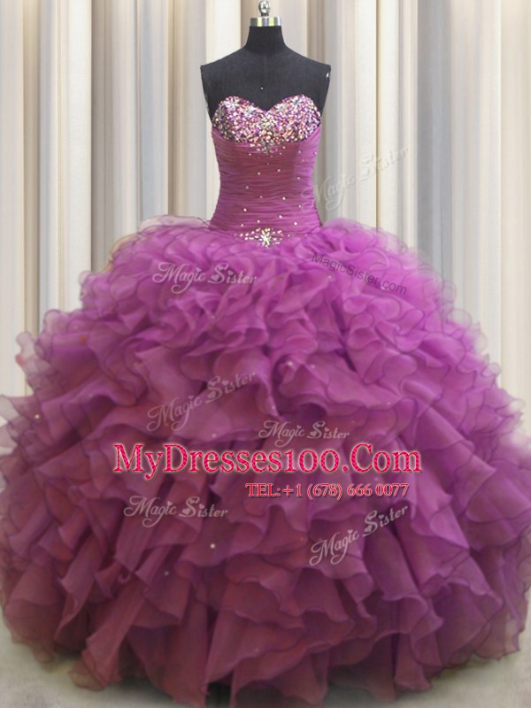 Sexy Beaded Bust Fuchsia Sleeveless Organza Lace Up Quinceanera Dress for Military Ball and Sweet 16 and Quinceanera