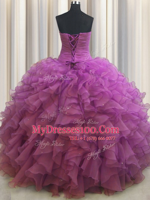 Sexy Beaded Bust Fuchsia Sleeveless Organza Lace Up Quinceanera Dress for Military Ball and Sweet 16 and Quinceanera