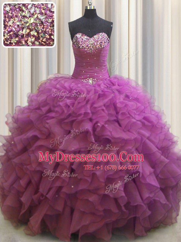 Sexy Beaded Bust Fuchsia Sleeveless Organza Lace Up Quinceanera Dress for Military Ball and Sweet 16 and Quinceanera