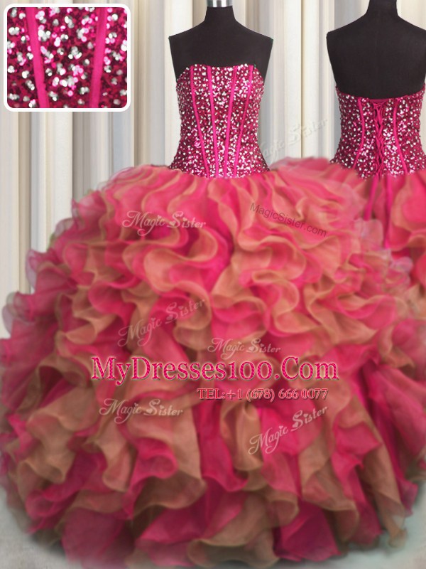 Cute Visible Boning Beaded Bodice Sleeveless Lace Up Floor Length Beading and Ruffles Sweet 16 Dresses