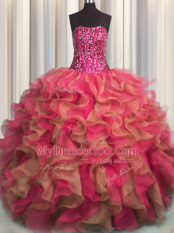 Cute Visible Boning Beaded Bodice Sleeveless Lace Up Floor Length Beading and Ruffles Sweet 16 Dresses