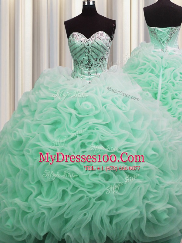 Customized Rolling Flowers Brush Train Sleeveless Floor Length Beading and Pick Ups Lace Up Sweet 16 Dresses with Apple Green