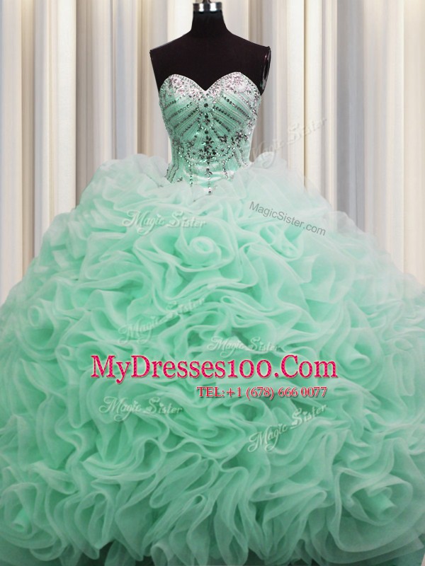 Customized Rolling Flowers Brush Train Sleeveless Floor Length Beading and Pick Ups Lace Up Sweet 16 Dresses with Apple Green
