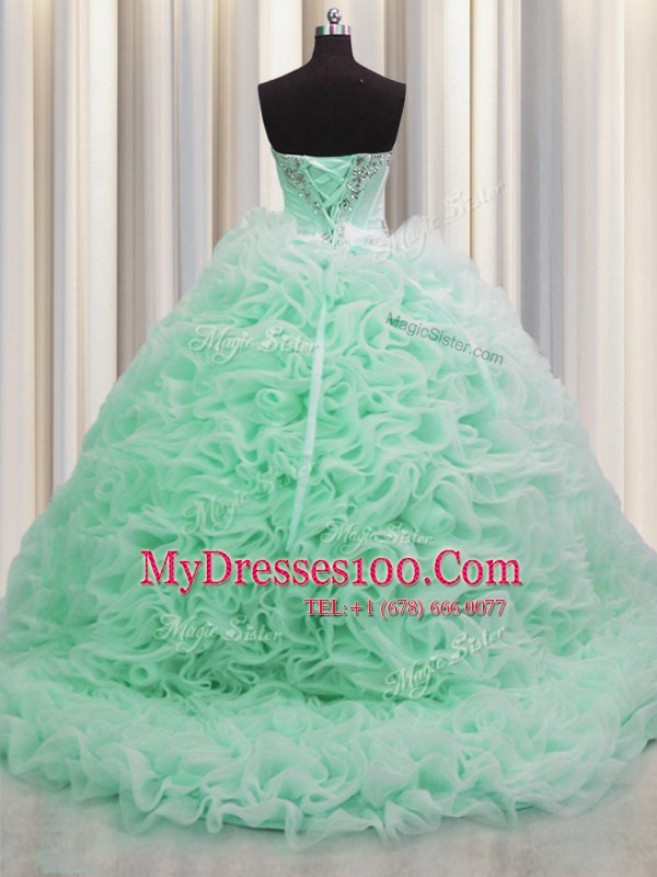 Customized Rolling Flowers Brush Train Sleeveless Floor Length Beading and Pick Ups Lace Up Sweet 16 Dresses with Apple Green