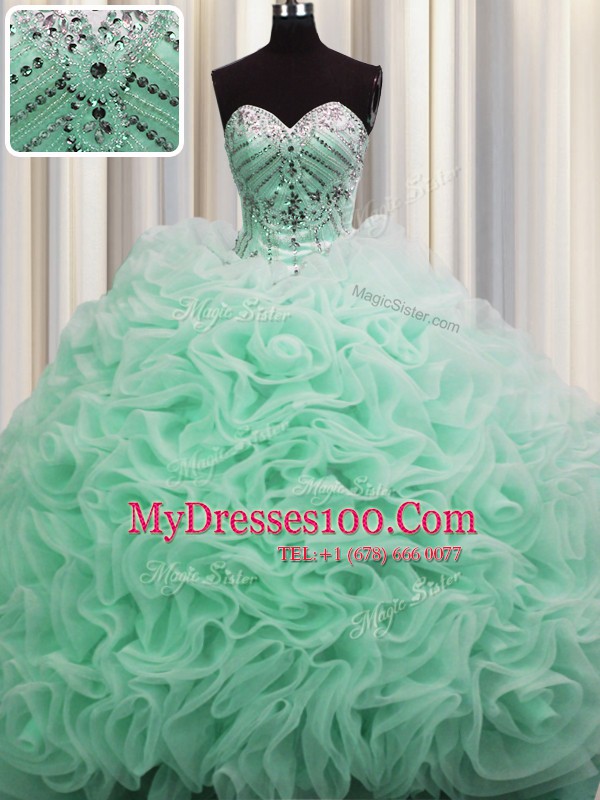 Customized Rolling Flowers Brush Train Sleeveless Floor Length Beading and Pick Ups Lace Up Sweet 16 Dresses with Apple Green