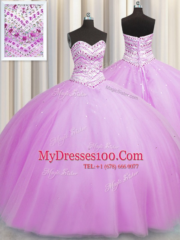 Bling-bling Really Puffy Sweetheart Sleeveless Quinceanera Gown Floor Length Beading Lilac Tulle