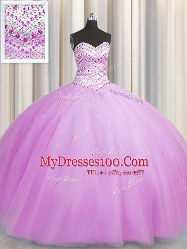 Bling-bling Really Puffy Sweetheart Sleeveless Quinceanera Gown Floor Length Beading Lilac Tulle