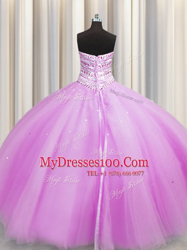 Bling-bling Really Puffy Sweetheart Sleeveless Quinceanera Gown Floor Length Beading Lilac Tulle