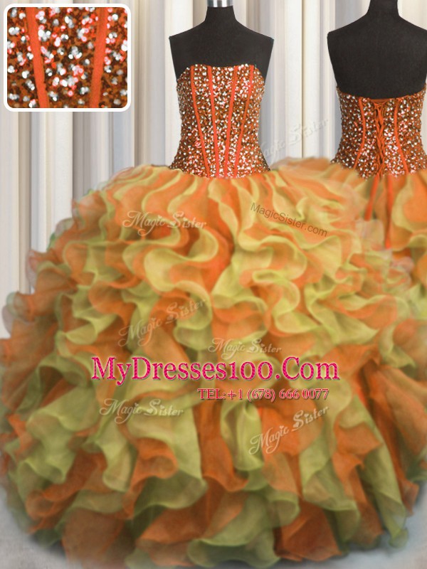 Visible Boning Beaded Bodice Floor Length Ball Gowns Sleeveless Multi-color Sweet 16 Dress Lace Up