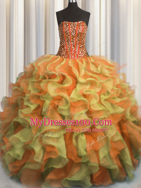 Visible Boning Beaded Bodice Floor Length Ball Gowns Sleeveless Multi-color Sweet 16 Dress Lace Up
