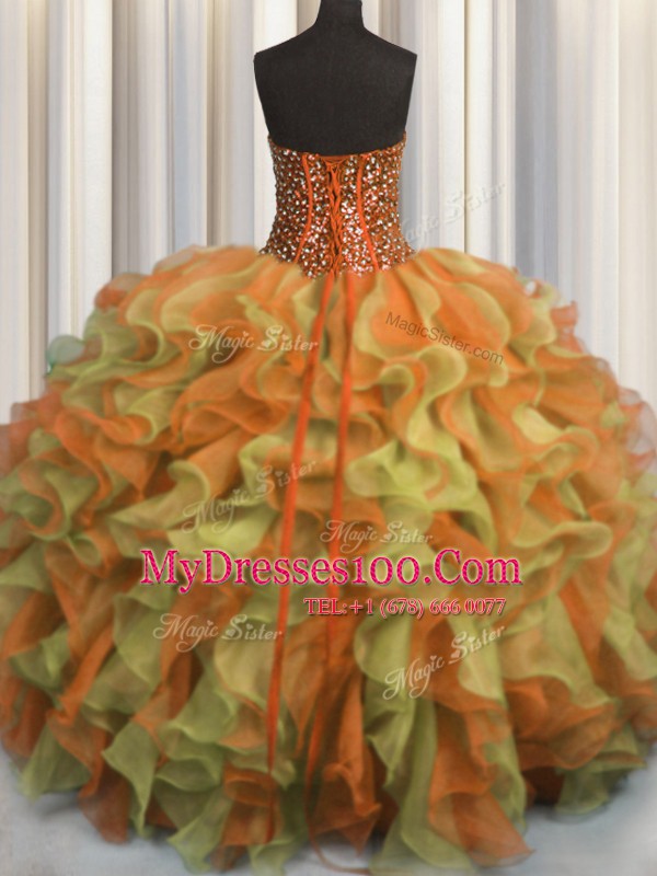 Visible Boning Beaded Bodice Floor Length Ball Gowns Sleeveless Multi-color Sweet 16 Dress Lace Up