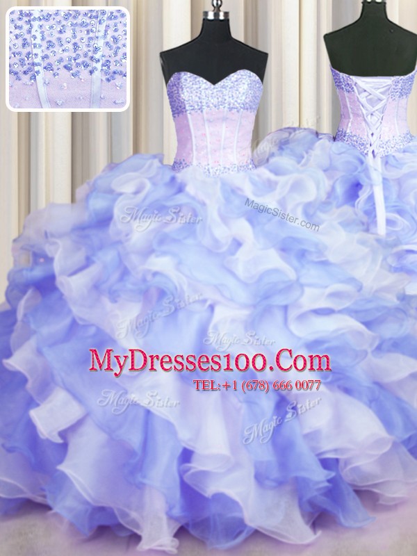 Perfect Two Tone Visible Boning Floor Length Multi-color Quince Ball Gowns Organza Sleeveless Beading and Ruffles
