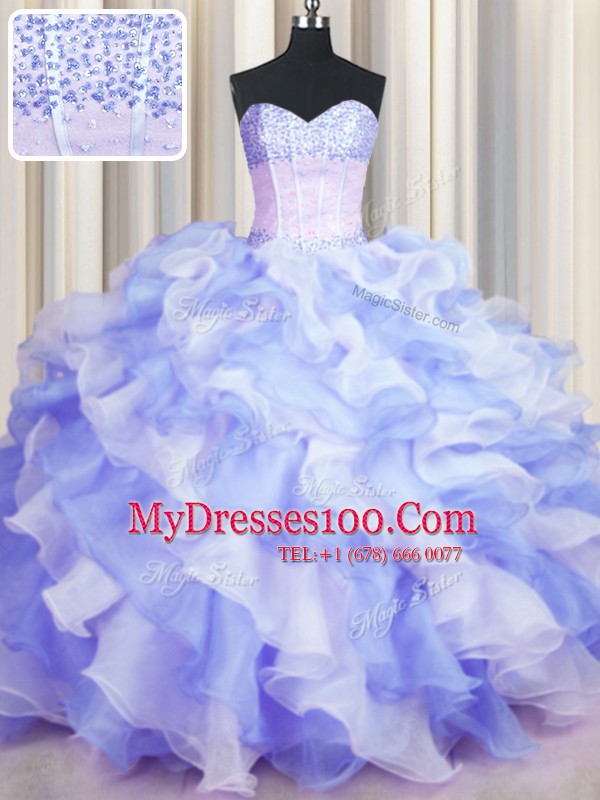 Perfect Two Tone Visible Boning Floor Length Multi-color Quince Ball Gowns Organza Sleeveless Beading and Ruffles