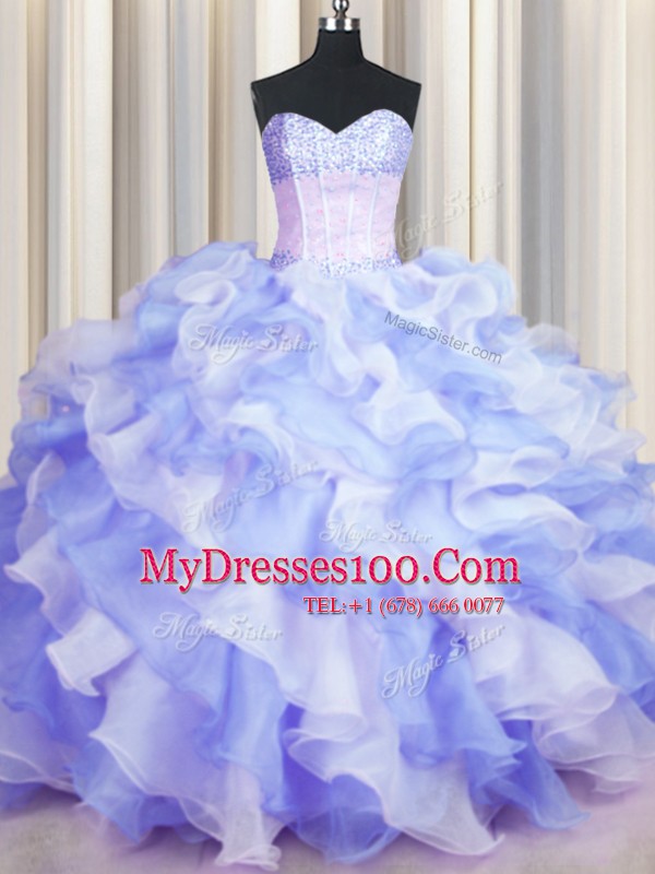 Perfect Two Tone Visible Boning Floor Length Multi-color Quince Ball Gowns Organza Sleeveless Beading and Ruffles