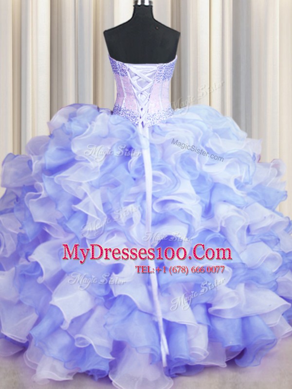Perfect Two Tone Visible Boning Floor Length Multi-color Quince Ball Gowns Organza Sleeveless Beading and Ruffles