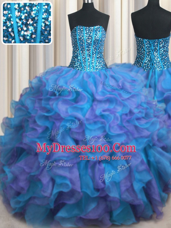 Clearance Visible Boning Bling-bling Multi-color Sleeveless Organza Lace Up Quince Ball Gowns for Military Ball and Sweet 16 and Quinceanera