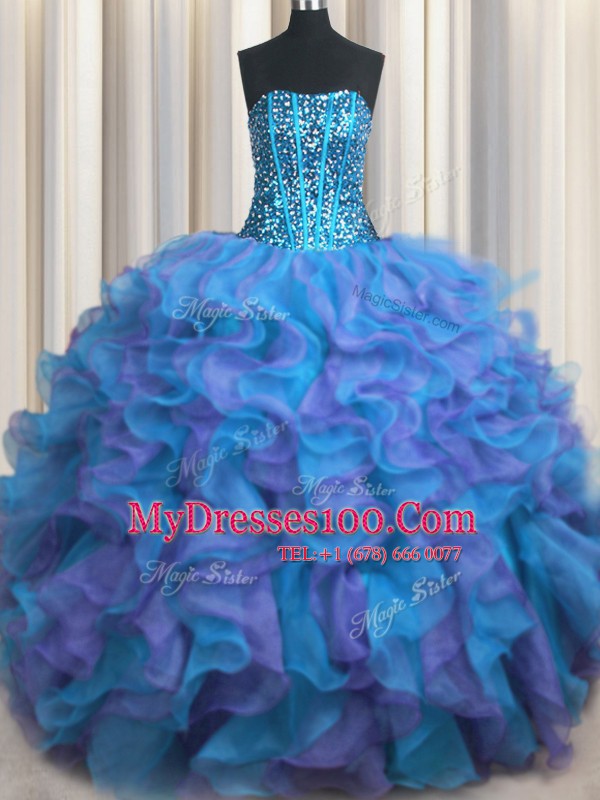 Clearance Visible Boning Bling-bling Multi-color Sleeveless Organza Lace Up Quince Ball Gowns for Military Ball and Sweet 16 and Quinceanera