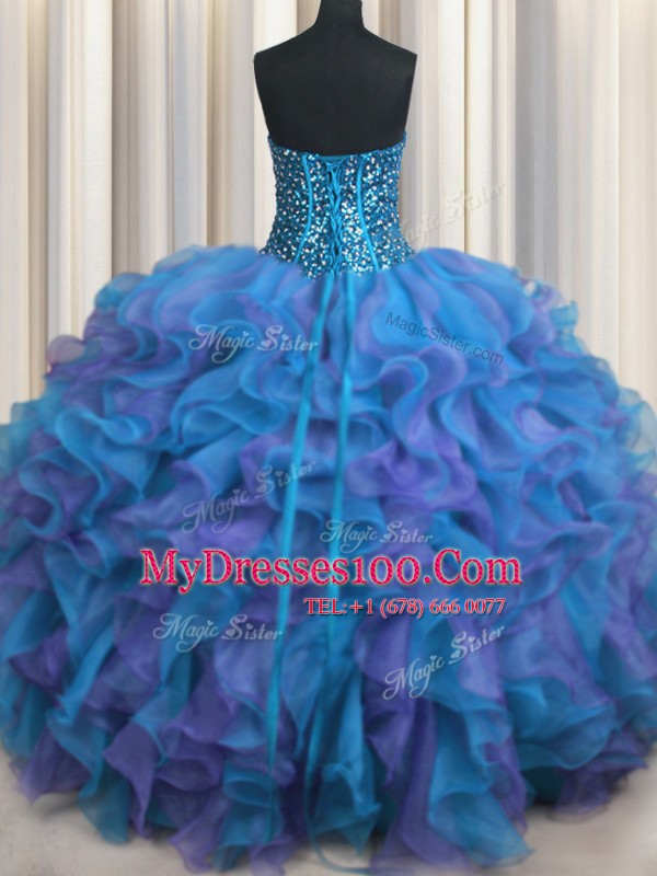 Clearance Visible Boning Bling-bling Multi-color Sleeveless Organza Lace Up Quince Ball Gowns for Military Ball and Sweet 16 and Quinceanera