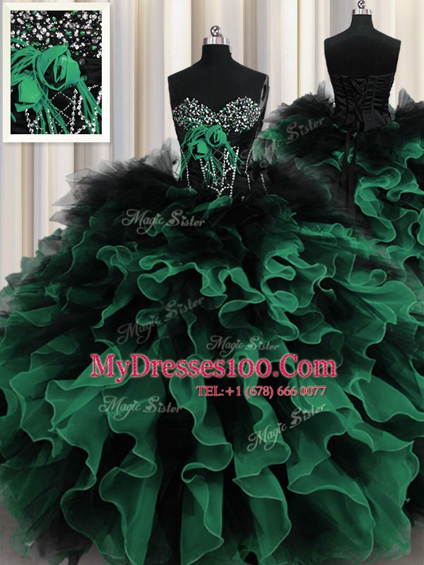 Organza and Tulle Sweetheart Sleeveless Lace Up Beading and Ruffles Sweet 16 Dress in Multi-color
