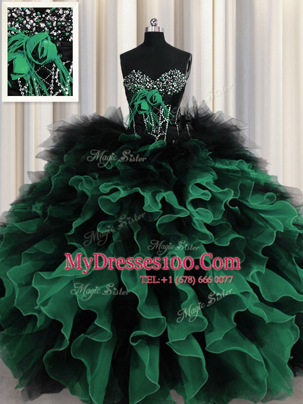 Organza and Tulle Sweetheart Sleeveless Lace Up Beading and Ruffles Sweet 16 Dress in Multi-color