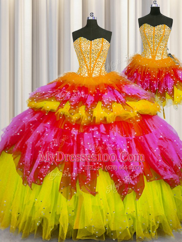 Glamorous Three Piece Visible Boning Tulle Sweetheart Sleeveless Lace Up Beading Sweet 16 Dresses in Multi-color