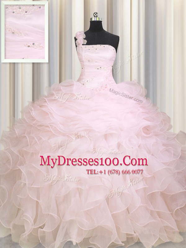Smart One Shoulder Floor Length Ball Gowns Sleeveless Baby Pink Sweet 16 Dresses Zipper