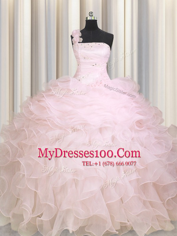 Smart One Shoulder Floor Length Ball Gowns Sleeveless Baby Pink Sweet 16 Dresses Zipper