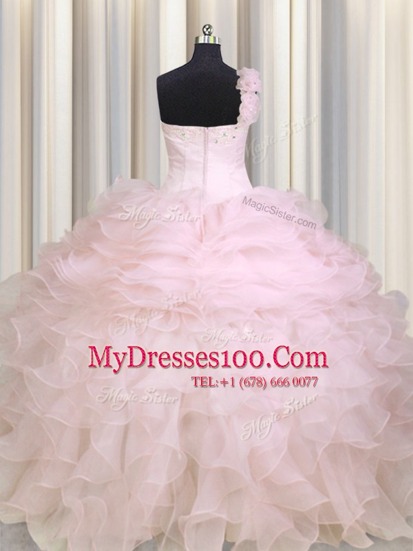 Smart One Shoulder Floor Length Ball Gowns Sleeveless Baby Pink Sweet 16 Dresses Zipper